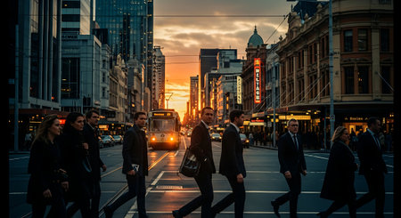 People crossing the street at sunset in London.の素材