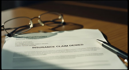 Insurance claim form with eyeglasses and pen on wooden tableの素材