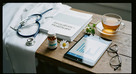 Stethoscope, tablet and medical documents on a wooden table.の素材