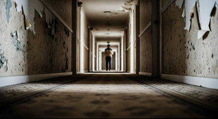 3d rendering of a man walking in an empty corridor at nightの素材