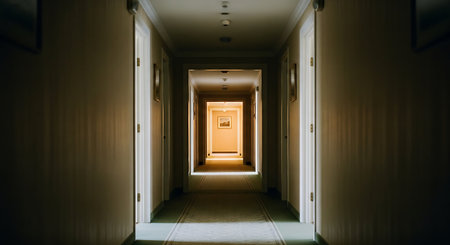 Long corridor with light coming from the end of the corridor in a hospitalの素材