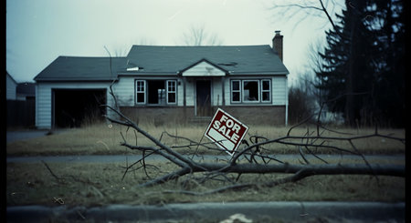 Abandoned house with a sign saying 'do not enter'の素材
