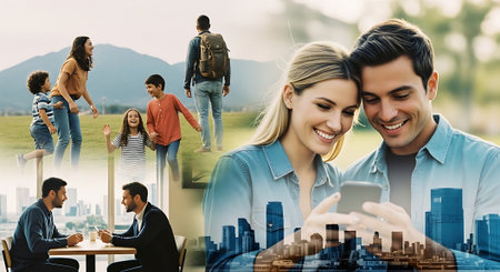 Smiling young couple using mobile phone while sitting at the table in front of their colleaguesの素材