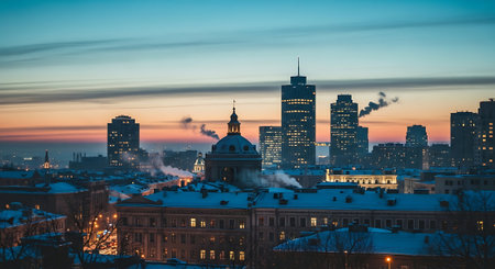 Panorama of the skyline of the city of Warsaw, Poland.の素材