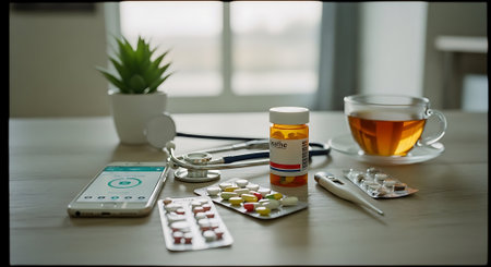 Close up of pills and stethoscope on a table in a hospitalの素材