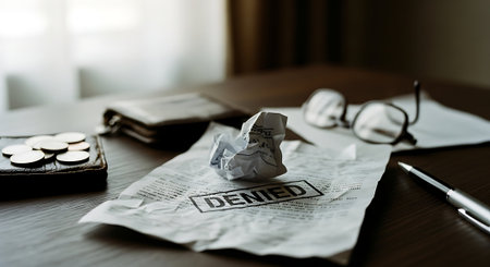 Crumpled paper ball on a desk with a pen and glassesの素材