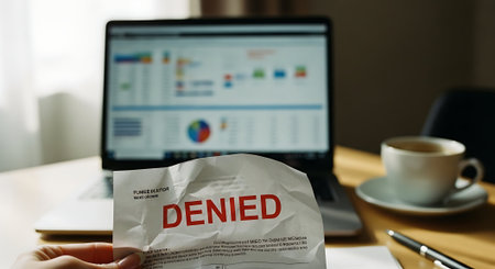 Businessman reading a newspaper with the word DENIED on the screenの素材