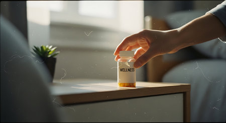 Close up of female hand holding pill bottle on table in living roomの素材