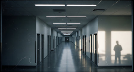 3D rendering of a corridor in a modern office building with people silhouettesの素材