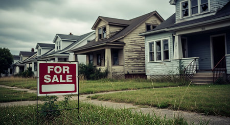 For sale sign in front of a row of houses in a suburban neighborhoodの素材