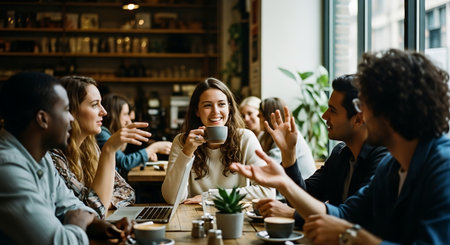 Group of young business people sitting in a cafe and having a meetingの素材