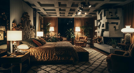 Interior of a hotel bedroom. Luxury hotel room in the eveningの素材