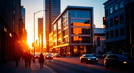 Silhouettes of people and cars in the city at sunset.の素材