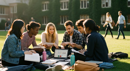 Group of multiethnic students sitting on grass and studying together in college campusの素材