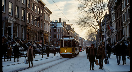 Street view of Amsterdam city center in winterの素材