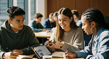 multiethnic students studying together at table in classroom, focus on girlの素材