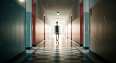 Businessman walking in the corridor. 3D rendering. Blurred background.の素材