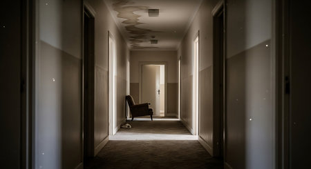 Interior of a hotel room with a long corridor and a chairの素材