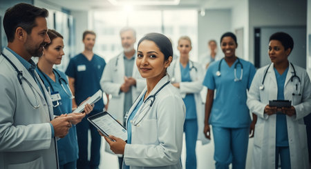 group of doctors discussing something while standing in corridor of modern hospital.の素材