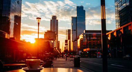Cityscape of modern city at sunset. Modern office buildings, skyscrapers and business centers.の素材