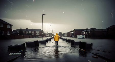 A man in a yellow raincoat stands in the middle of a flooded streetの素材