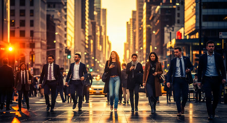 Group of business people walking in the city at sunset. Business and finance concept.の素材