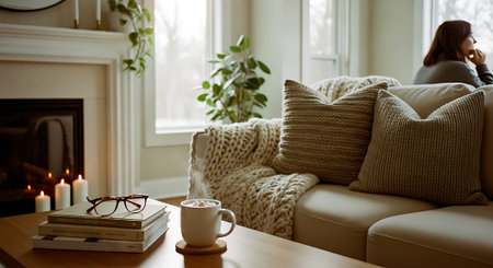 Coffee cup and glasses on a table in a cozy living roomの素材