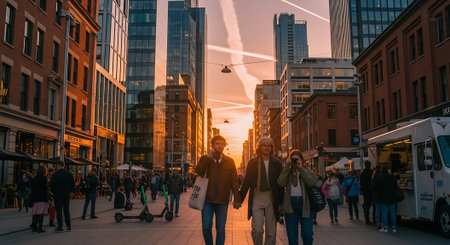 People walking in central London at sunset.の素材