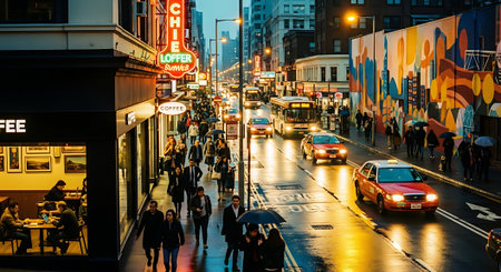 Manhattan street scene. Manhattan is the most densely populated of the five boroughs of New York Cityの素材
