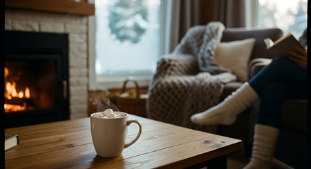 Cup of hot cocoa with marshmallow on wooden table in cozy living roomの素材