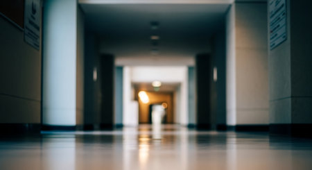 Blurred image of a corridor in a modern office building. Abstract backgroundの素材