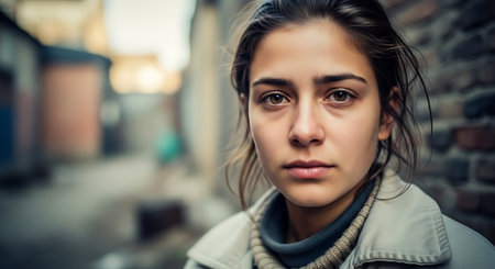 Portrait of a beautiful girl in a gray coat on the streetの素材