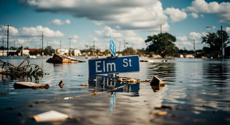 An image of a flooded street sign in the city of Salvador.の素材