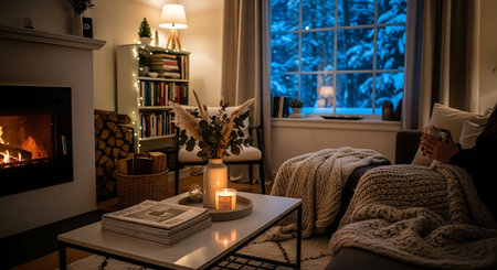Woman relaxing at home on a sofa in front of a fireplace reading a bookの素材