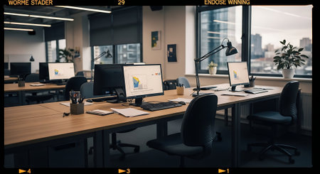 Modern coworking office interior with computers and city view. 3D Renderingの素材