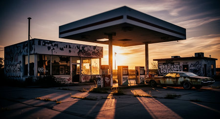 Abandoned gas station at sunset, San Diego, California, USAの素材