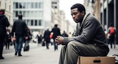 Young african american man sitting on the street in the city.の素材