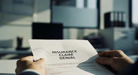 Close-up of businessman reading insurance claim form at table in officeの素材