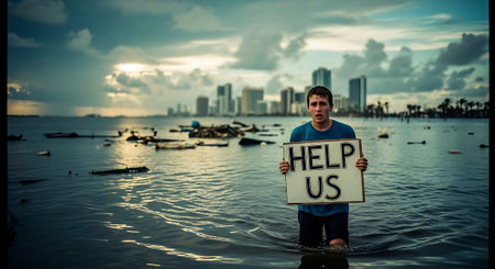 Young man holding a help us sign in the middle of the sea.の素材