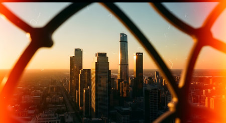 Double exposure of cityscape and wire fence with sunlight. Business conceptの素材