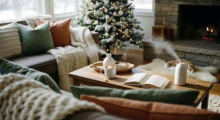 Cozy living room with Christmas tree, fireplace and comfortable sofa. Cozy winter home interior.の素材