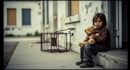 Sad little girl sitting on the street with her teddy bear.の素材