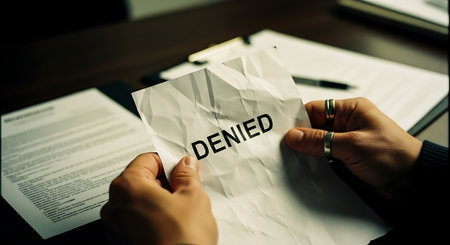 Businessman holding a piece of paper with the word DENIED.の素材