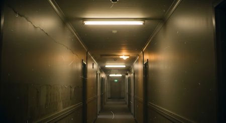 3d illustration of a long corridor in a dark room with lightsの素材