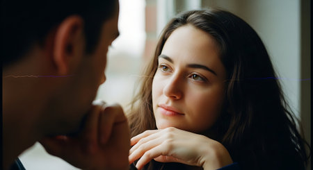 Young couple looking at each other in front of the mirror in the morning.の素材