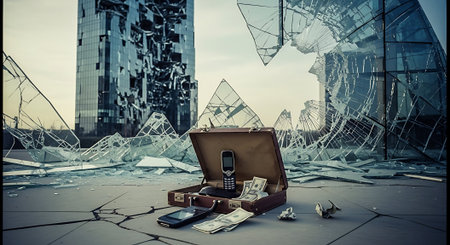 Suitcase full of money with broken glass background, 3d renderingの素材