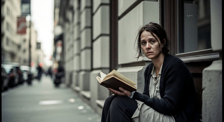 Young beautiful brunette woman sitting on the street and reading a bookの素材