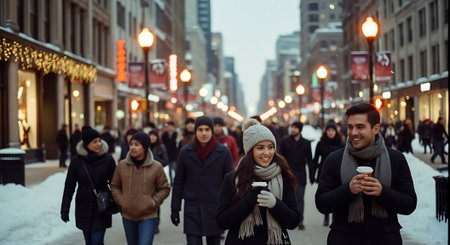 Young people walking in the city at Christmas time, drinking coffee and talking.の素材
