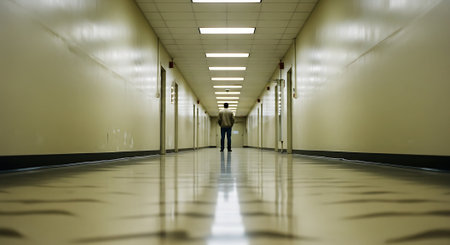 A man walking in a corridor in a modern office building. Shallow depth of fieldの素材