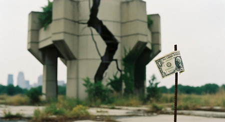 Dollar banknote on a pole in front of a water towerの素材